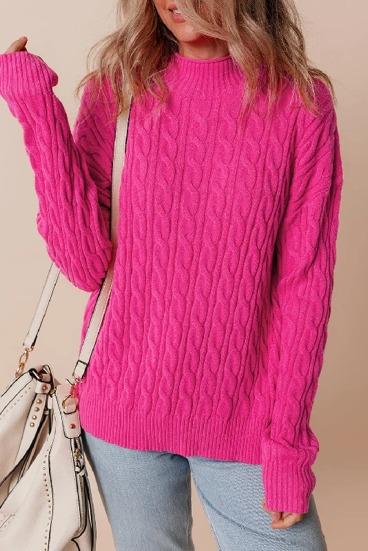 KaleaBoutique Solid Cable Knit High Neck Drop Shoulder Sweater