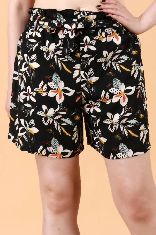 Black Floral Printed Shorts with Belt