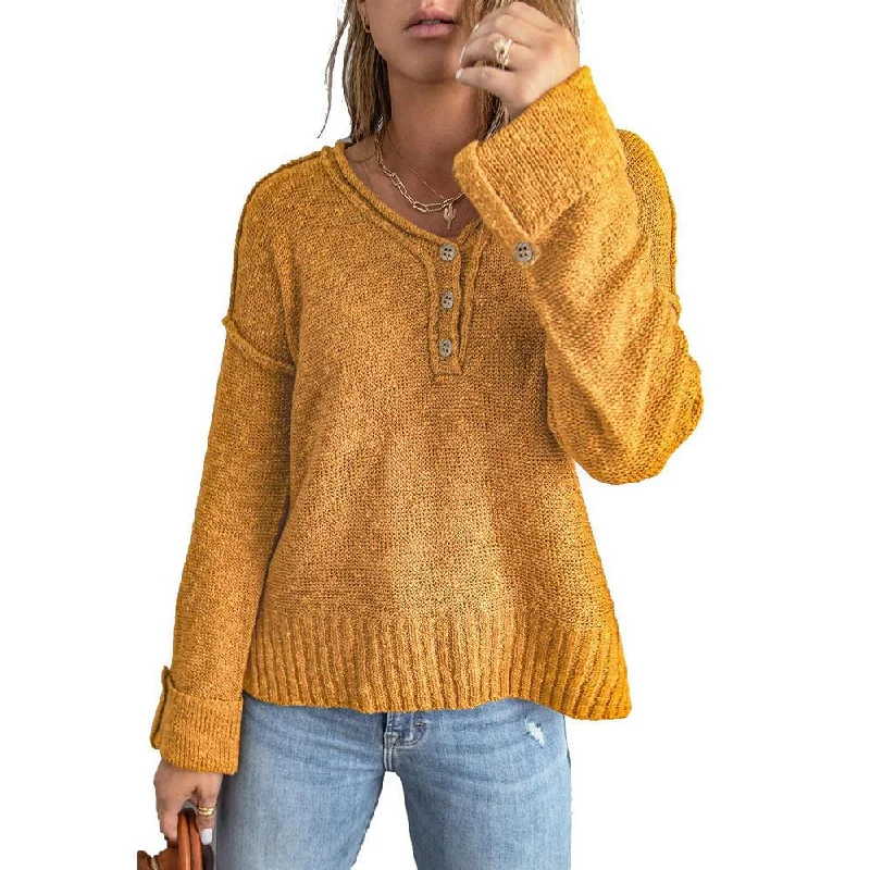 Loose Long Sleeve Buttoned Pullover Knit Sweater Wholesale Womens Tops