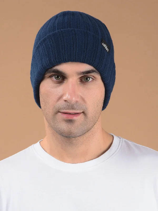 Men Blue Solid Casual Winter Wear Cap